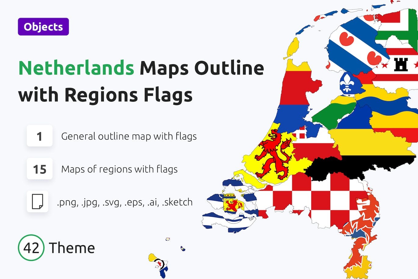 Outline maps of the Netherlands with flags